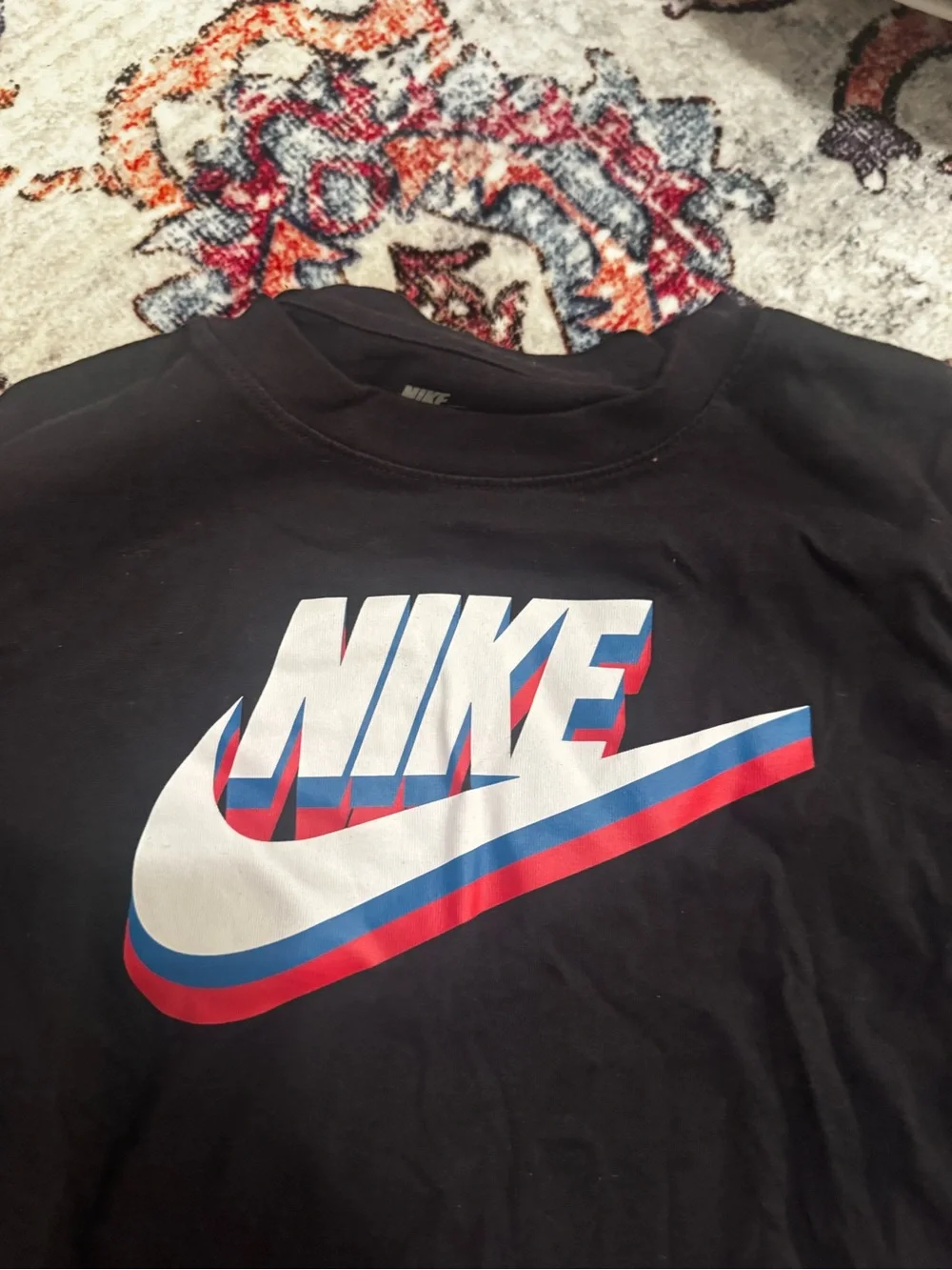 Nike Black Long Sleeve Tee with White Logo and Red & Blue Accents NWOT